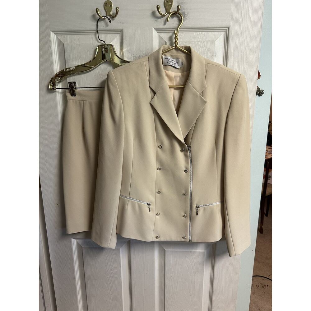TAIGA Paris VNT 90s Skirt Suit Set Beige Tan Moto Blazer Zip Studded Med 10